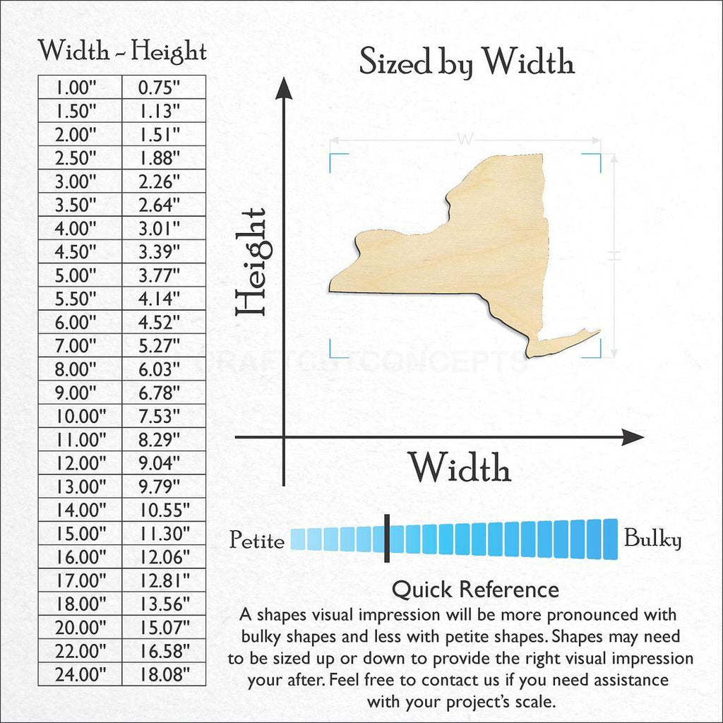 Sizes available for a laser cut State - New York CRAFTY craft blank