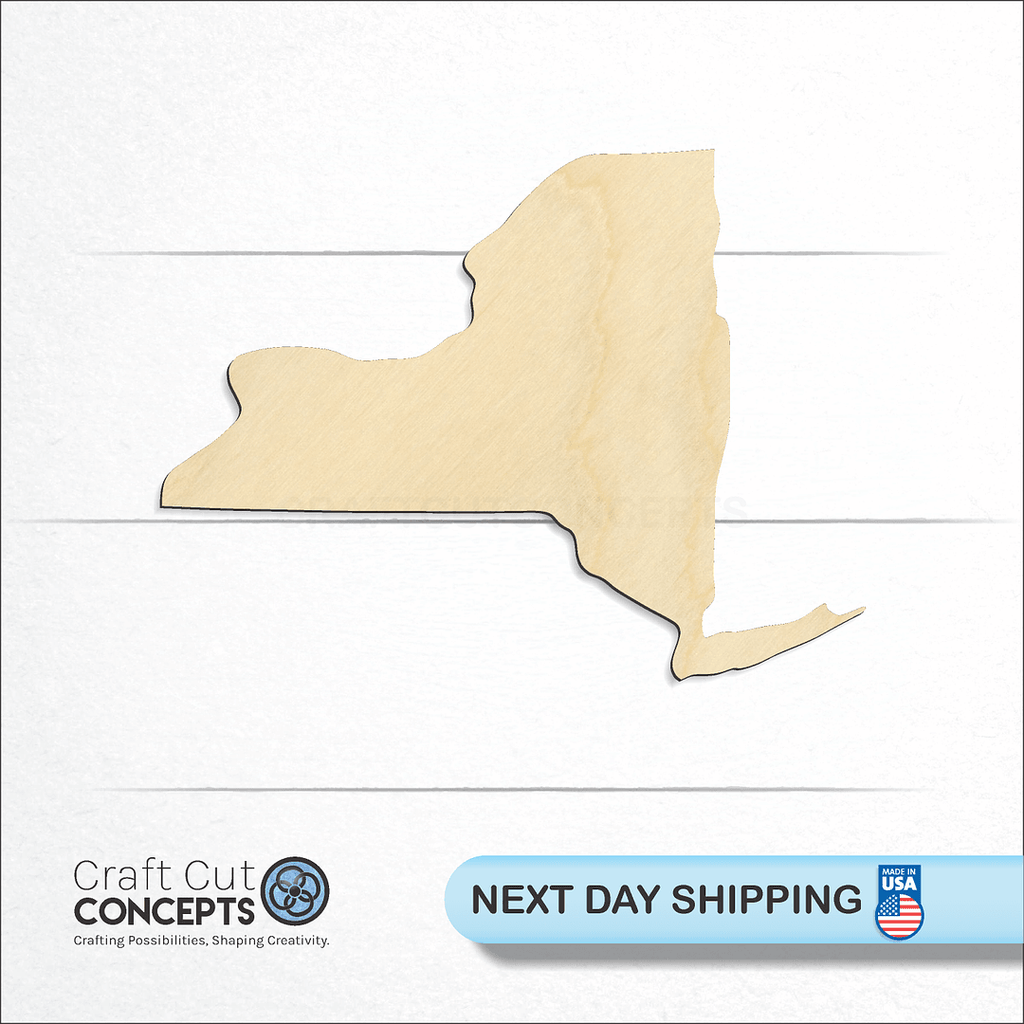 Craft Cut Concepts logo and next day shipping banner with an unfinished wood State - New York CRAFTY craft shape and blank