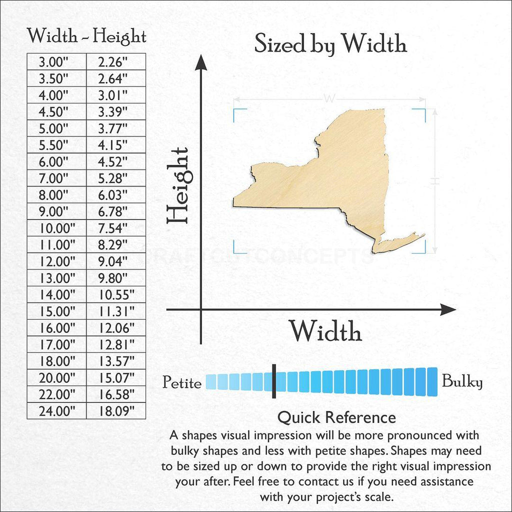 Sizes available for a laser cut State - New York craft blank