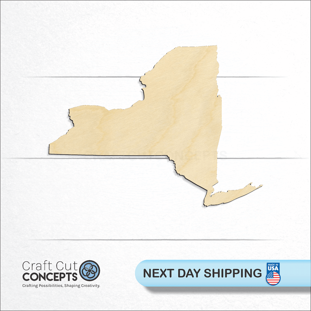 Craft Cut Concepts logo and next day shipping banner with an unfinished wood State - New York craft shape and blank