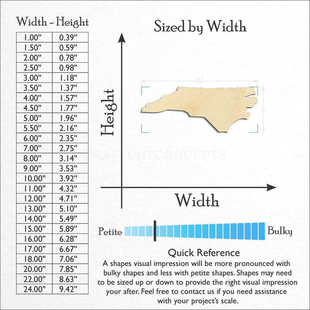 Sizes available for a laser cut State - North Carolina CRAFTY craft blank