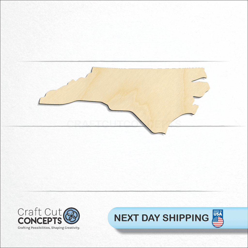 Craft Cut Concepts logo and next day shipping banner with an unfinished wood State - North Carolina CRAFTY craft shape and blank