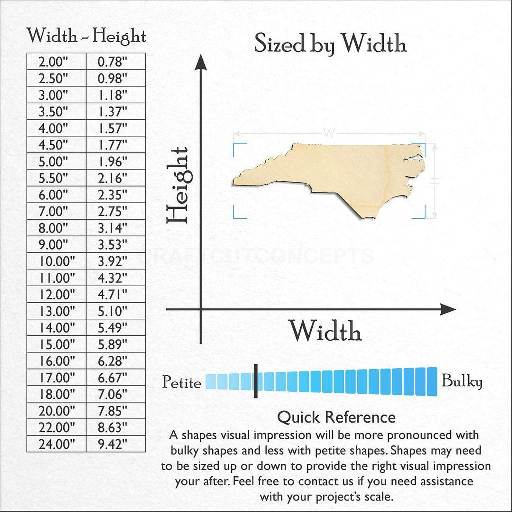 Sizes available for a laser cut State - North Carolina craft blank