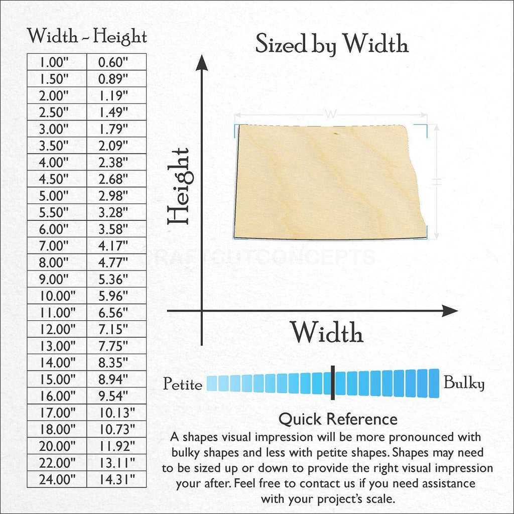 Sizes available for a laser cut State - North Dakota CRAFTY craft blank
