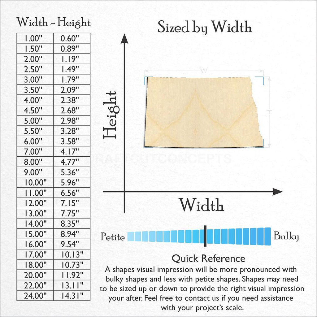Sizes available for a laser cut State - North Dakota craft blank