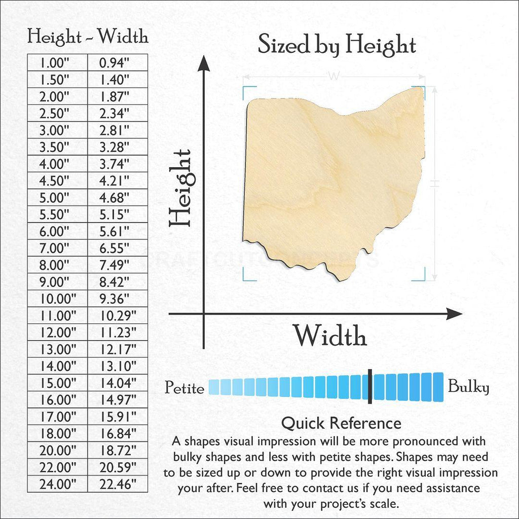 Sizes available for a laser cut State - Ohio CRAFTY craft blank