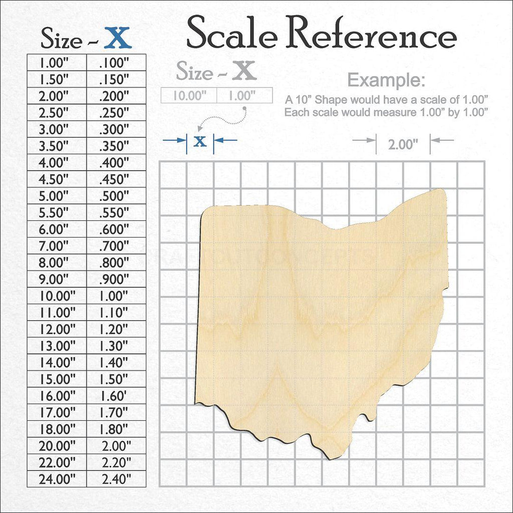 A scale and graph image showing a wood State - Ohio CRAFTY craft blank