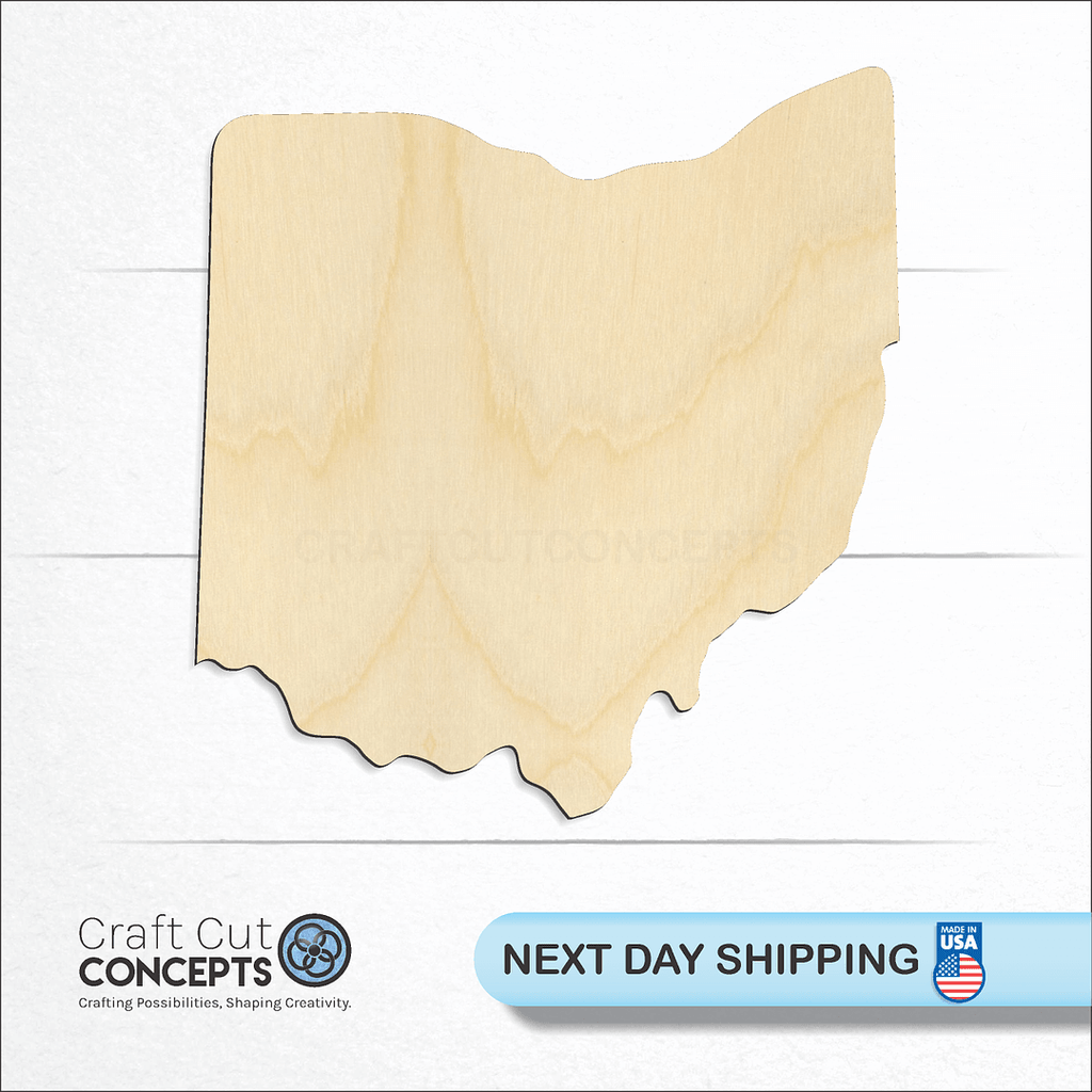 Craft Cut Concepts logo and next day shipping banner with an unfinished wood State - Ohio CRAFTY craft shape and blank