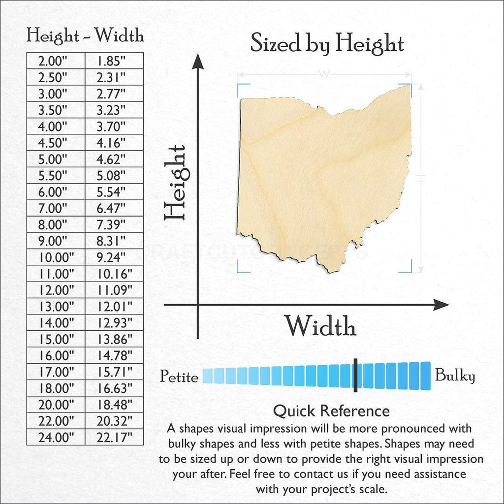 Sizes available for a laser cut State - Ohio craft blank