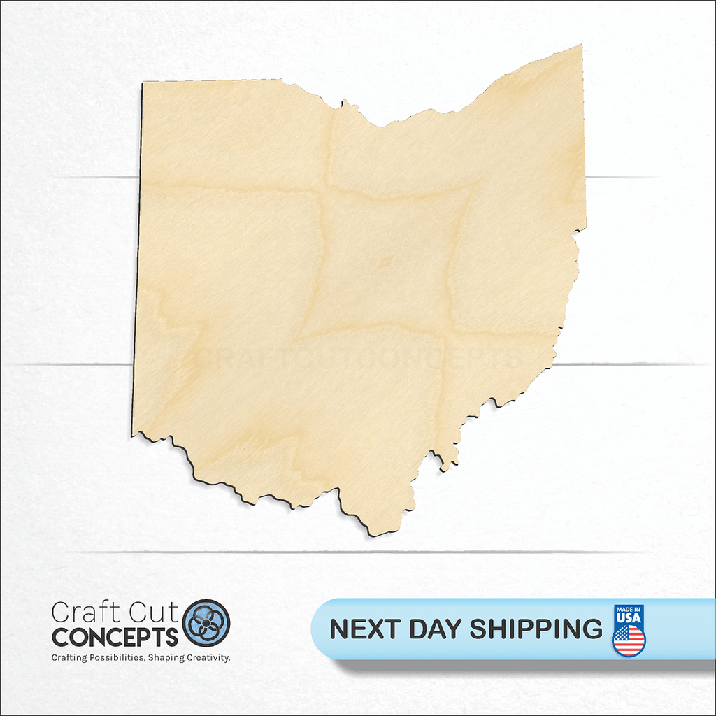 Craft Cut Concepts logo and next day shipping banner with an unfinished wood State - Ohio craft shape and blank