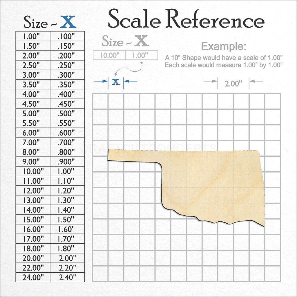 A scale and graph image showing a wood State - Oklahoma CRAFTY craft blank