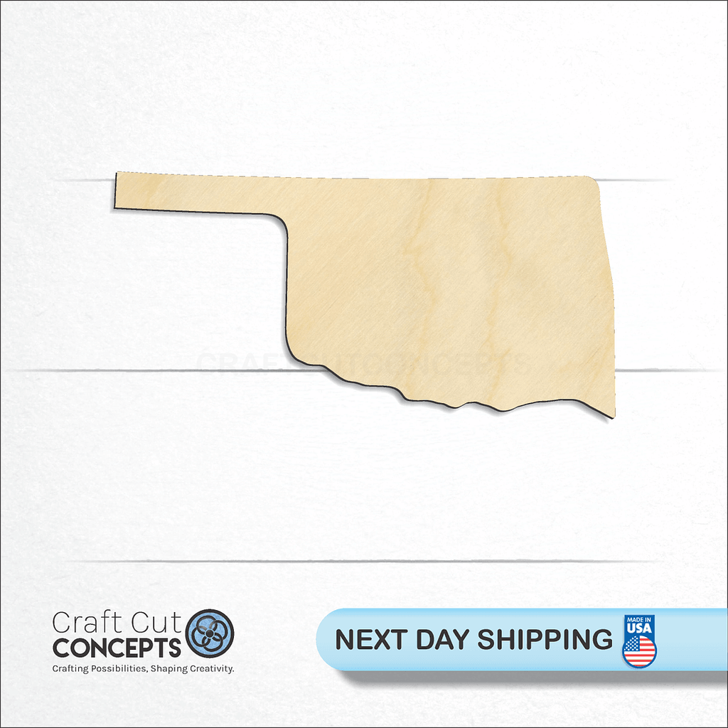 Craft Cut Concepts logo and next day shipping banner with an unfinished wood State - Oklahoma CRAFTY craft shape and blank