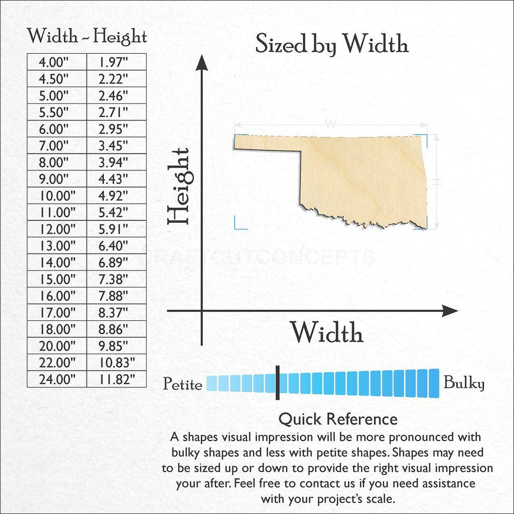 Sizes available for a laser cut State - Oklahoma craft blank