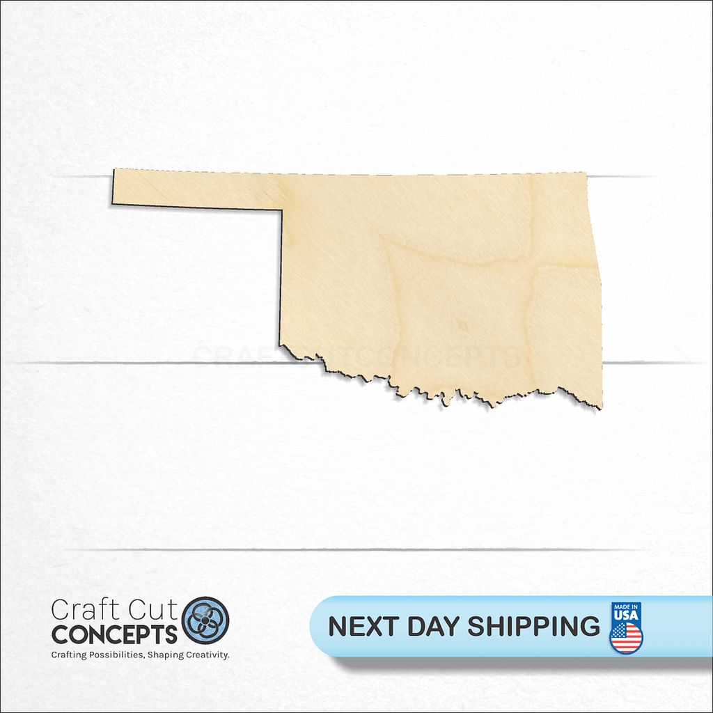 Craft Cut Concepts logo and next day shipping banner with an unfinished wood State - Oklahoma craft shape and blank