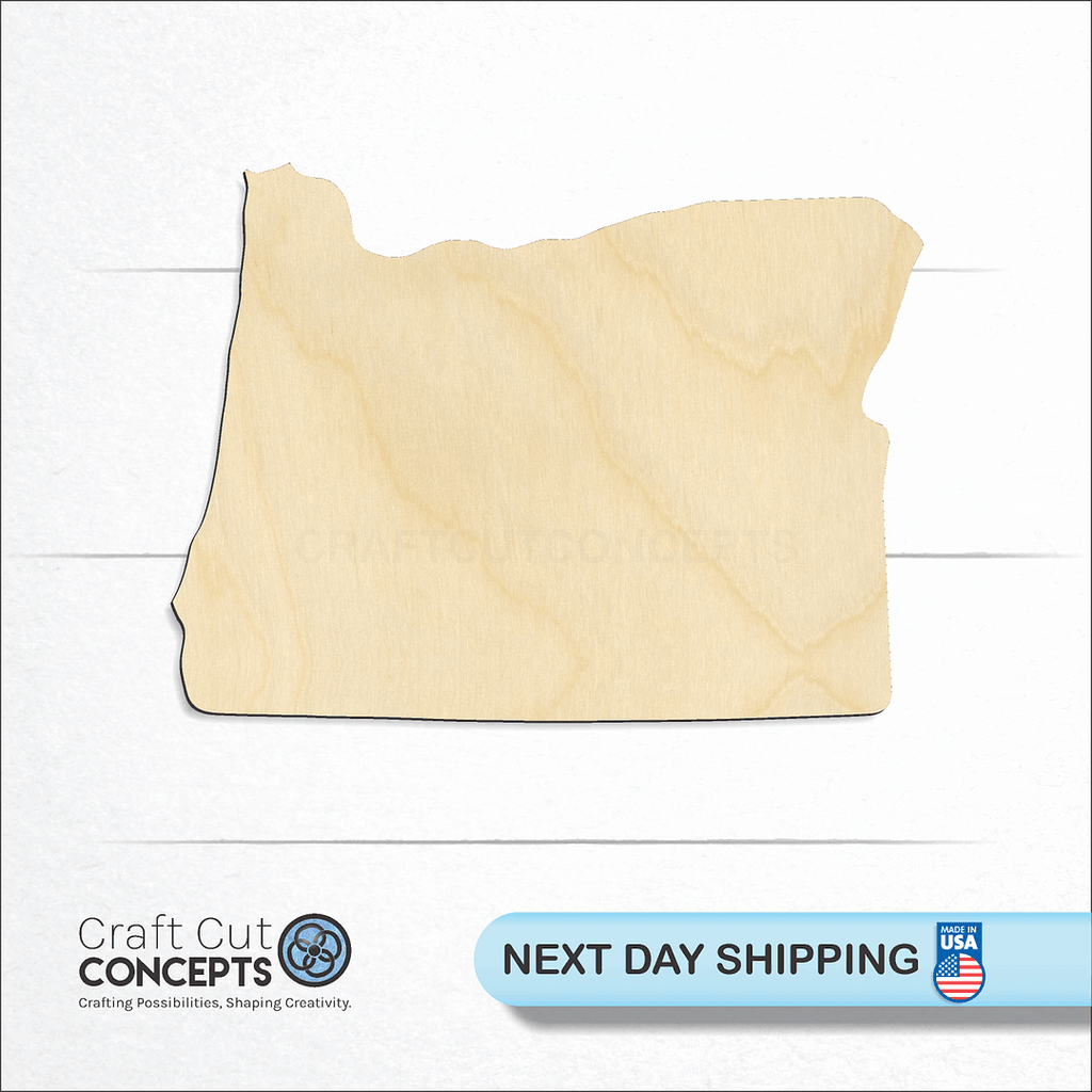 Craft Cut Concepts logo and next day shipping banner with an unfinished wood State - Oregon CRAFTY craft shape and blank