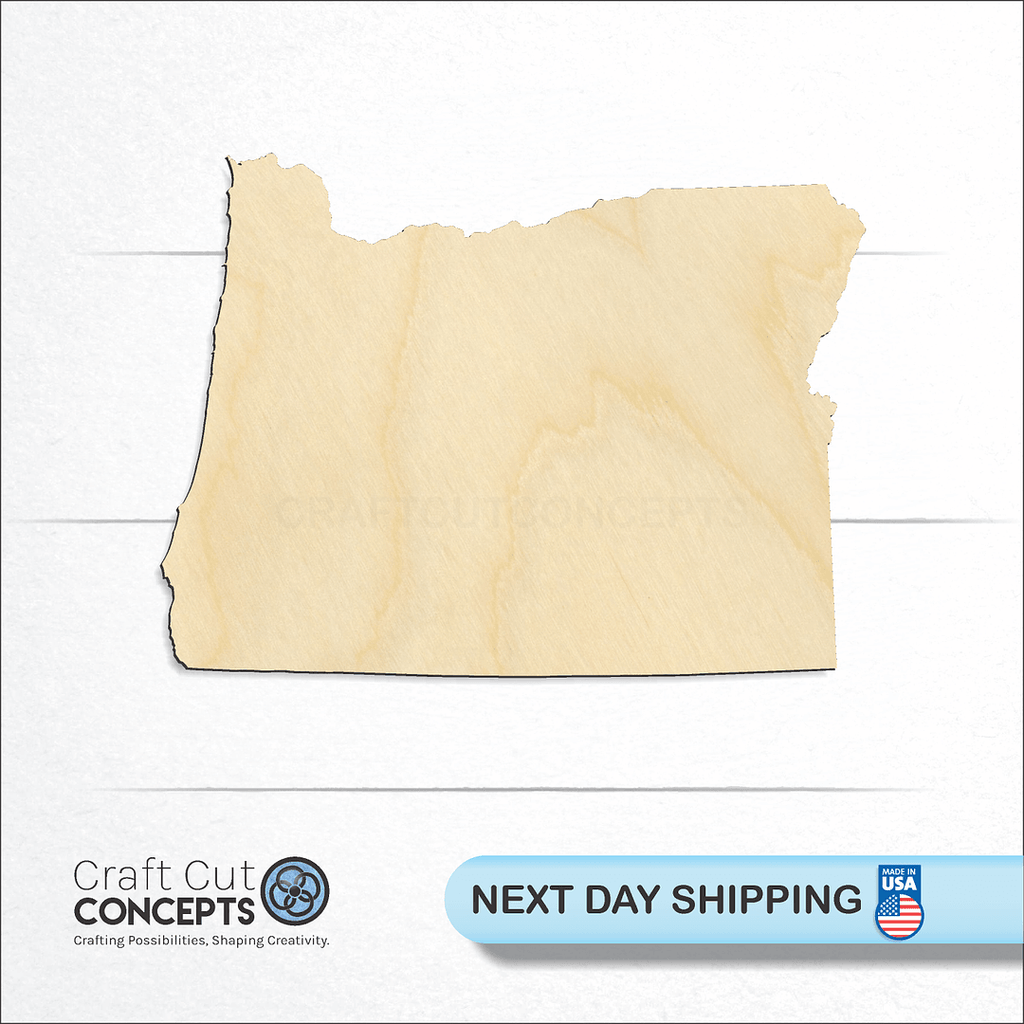 Craft Cut Concepts logo and next day shipping banner with an unfinished wood State - Oregon craft shape and blank