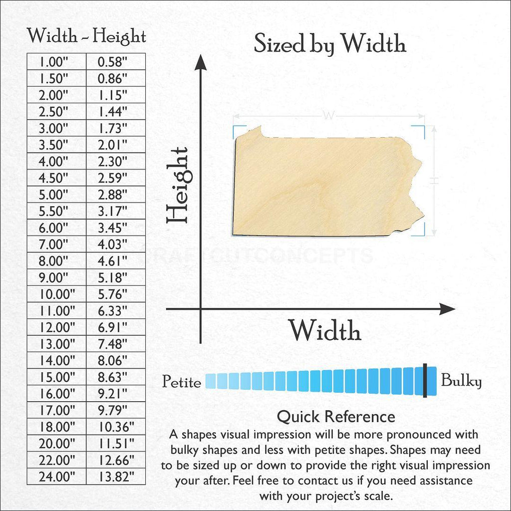 Sizes available for a laser cut State - Pennsylvania CRAFTY craft blank