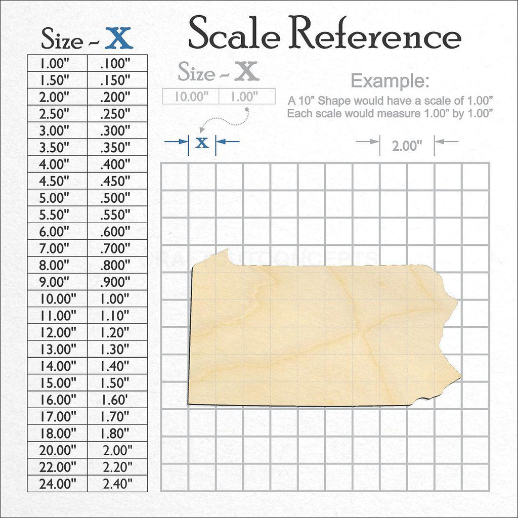 A scale and graph image showing a wood State - Pennsylvania CRAFTY craft blank