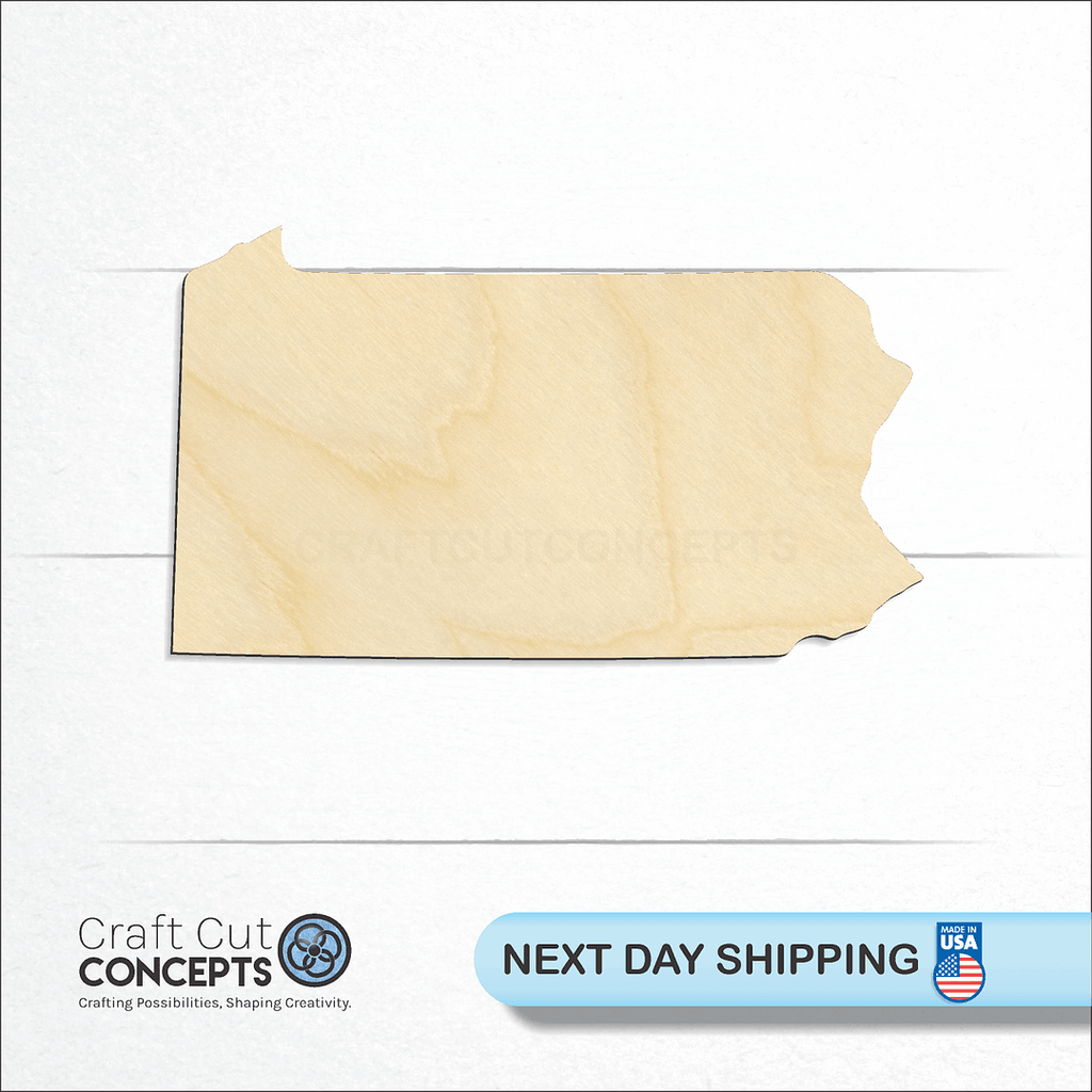 Craft Cut Concepts logo and next day shipping banner with an unfinished wood State - Pennsylvania CRAFTY craft shape and blank