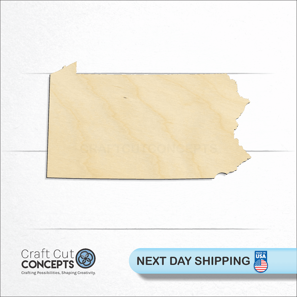 Craft Cut Concepts logo and next day shipping banner with an unfinished wood State - Pennsylvania craft shape and blank