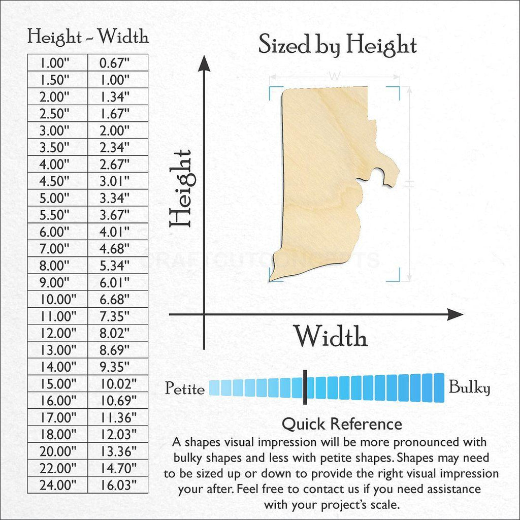 Sizes available for a laser cut State - Rhode Island CRAFTY craft blank