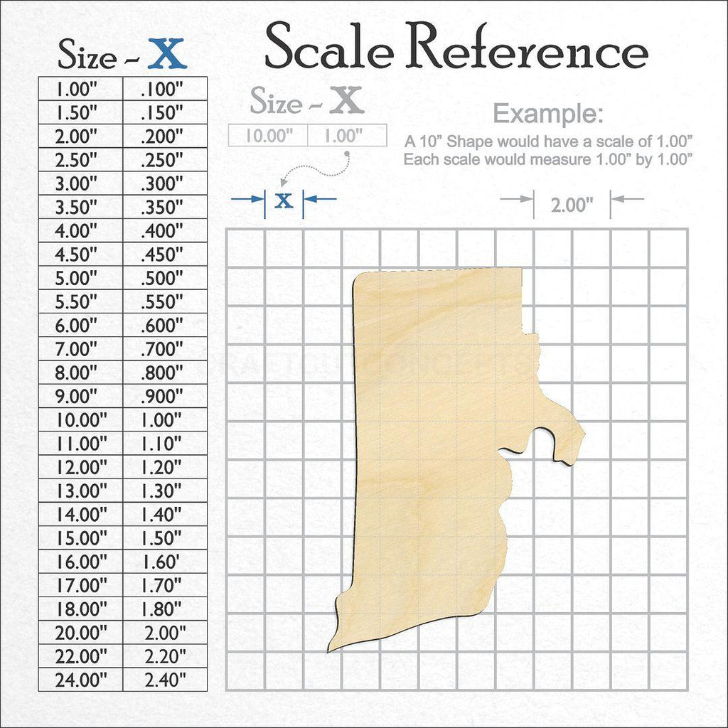 A scale and graph image showing a wood State - Rhode Island CRAFTY craft blank