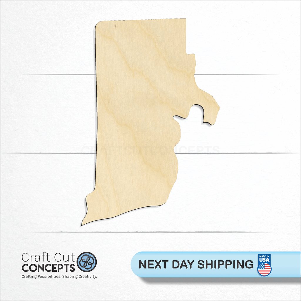 Craft Cut Concepts logo and next day shipping banner with an unfinished wood State - Rhode Island CRAFTY craft shape and blank