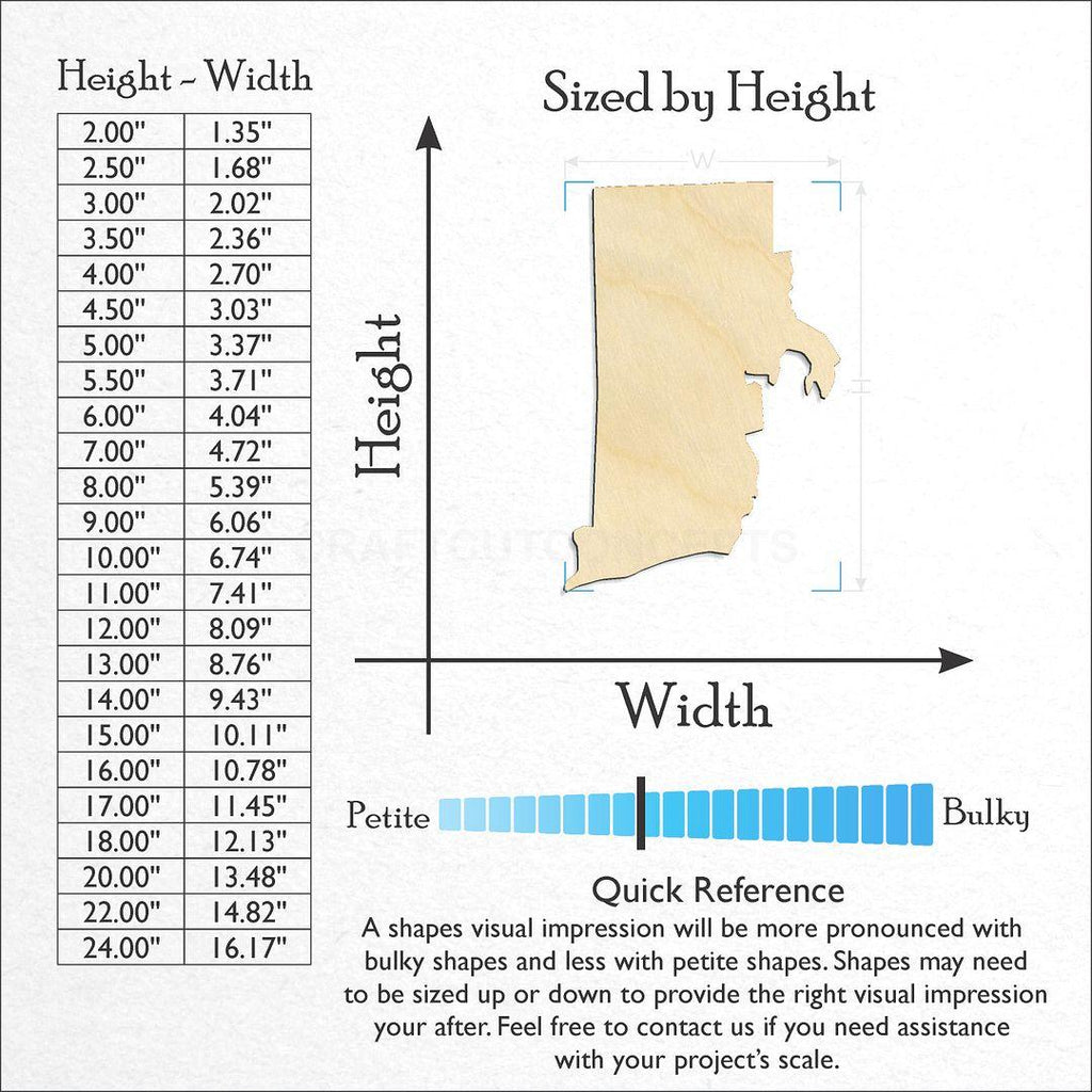 Sizes available for a laser cut State - Rhode Island craft blank