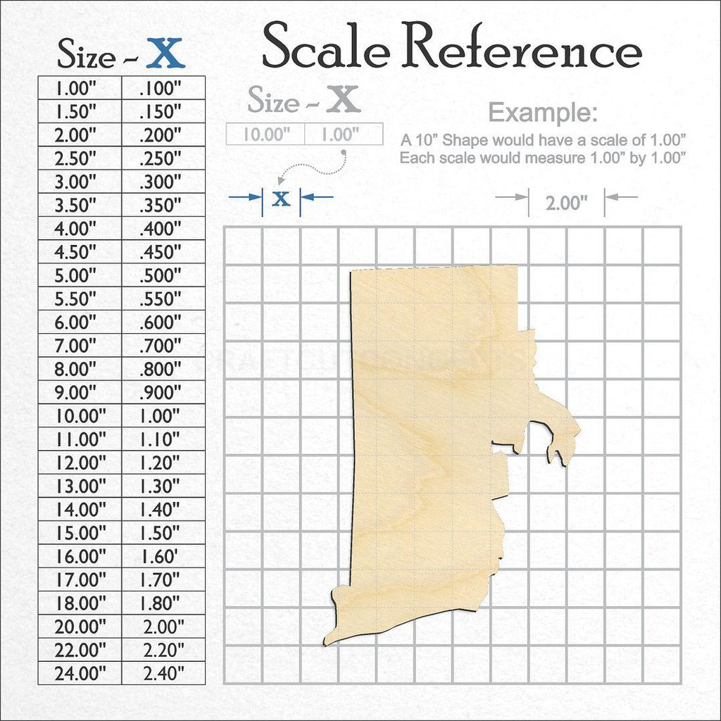 A scale and graph image showing a wood State - Rhode Island craft blank