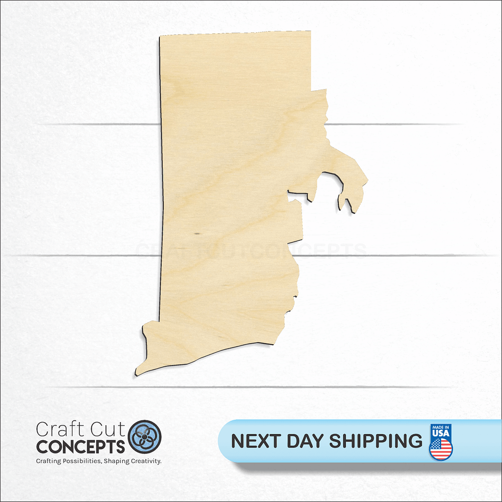 Craft Cut Concepts logo and next day shipping banner with an unfinished wood State - Rhode Island craft shape and blank