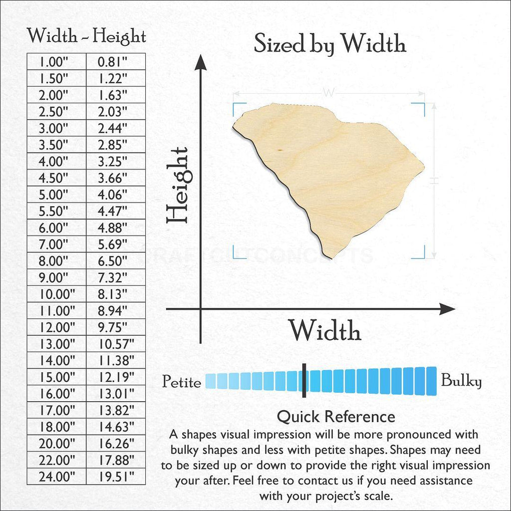 Sizes available for a laser cut State - South Carolina CRAFTY craft blank