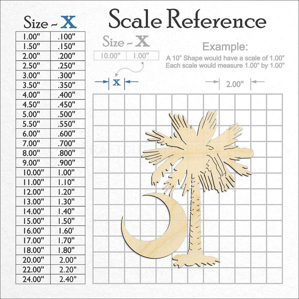 A scale and graph image showing a wood State - South Carolina Flag Crescent craft blank