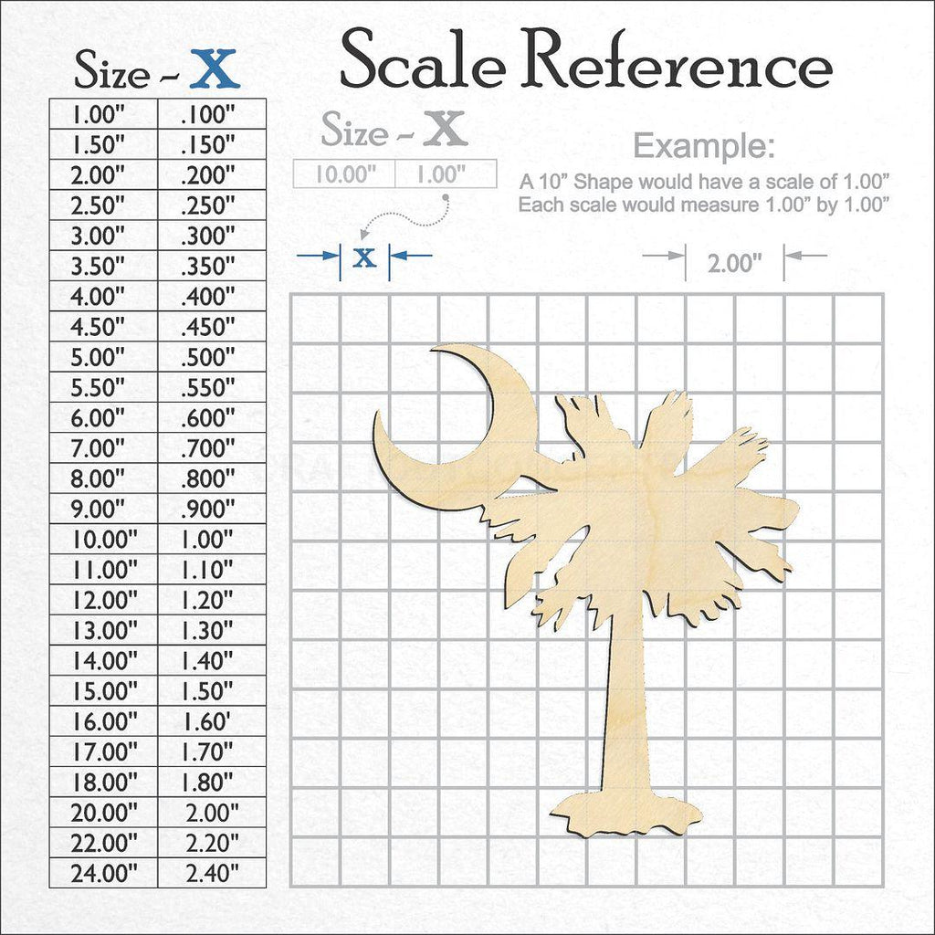 A scale and graph image showing a wood State - South Carolina Flag Crescent craft blank