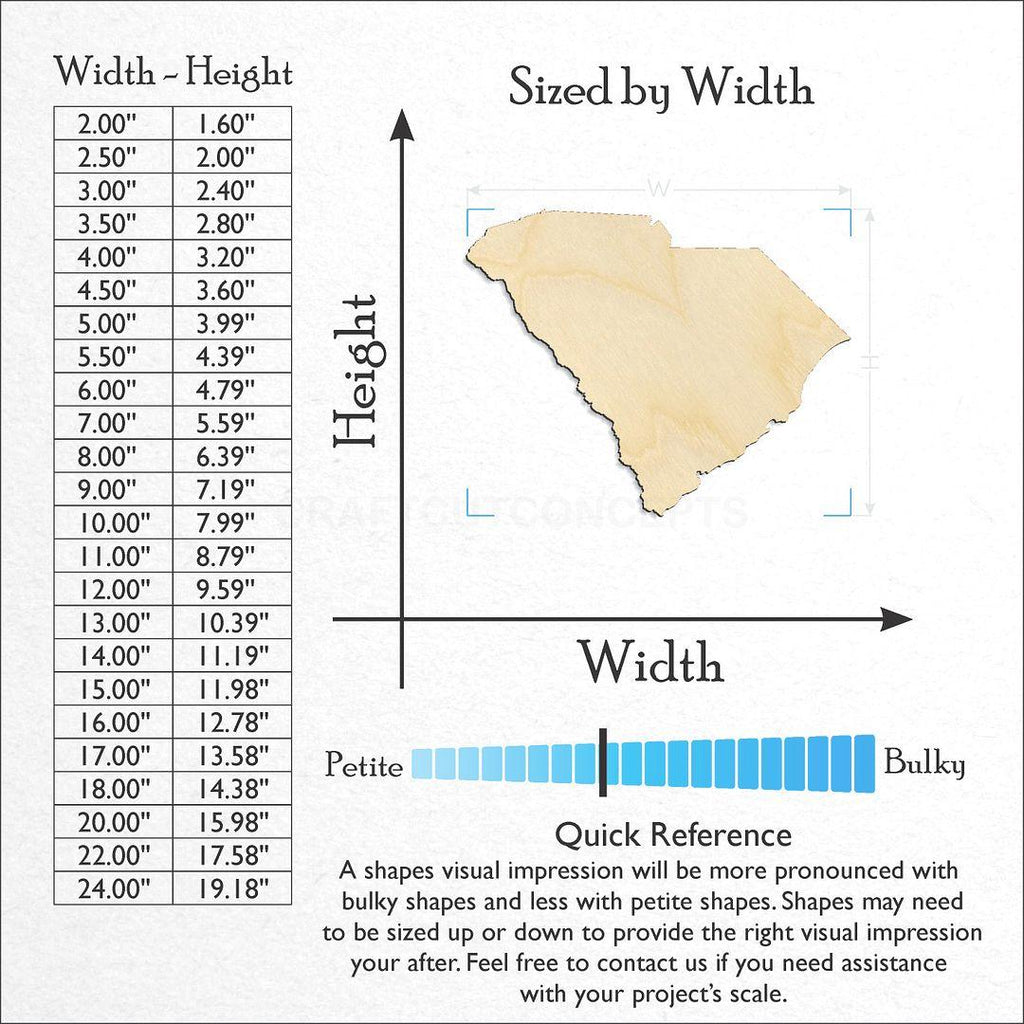 Sizes available for a laser cut State - South Carolina craft blank