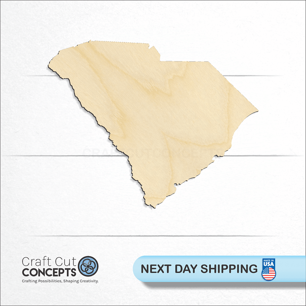 Craft Cut Concepts logo and next day shipping banner with an unfinished wood State - South Carolina craft shape and blank