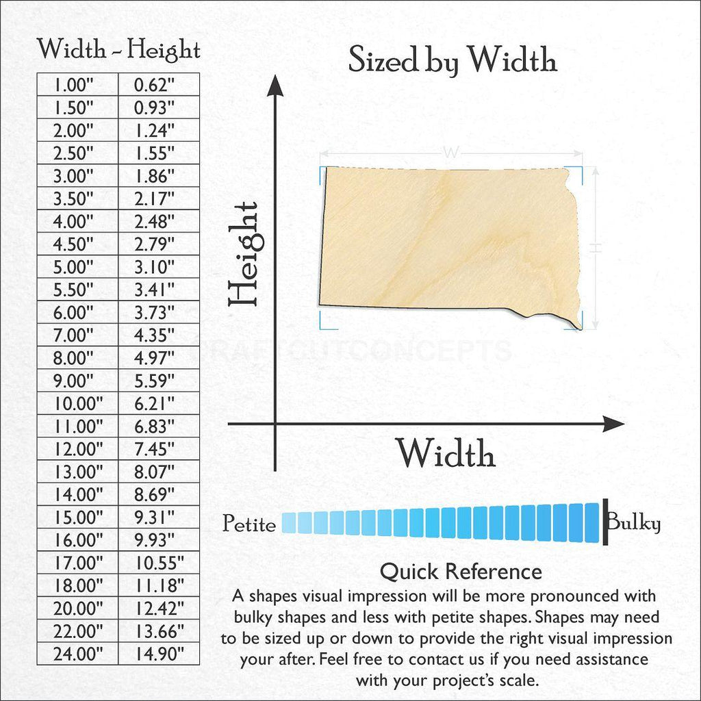 Sizes available for a laser cut State - South Dakota CRAFTY craft blank