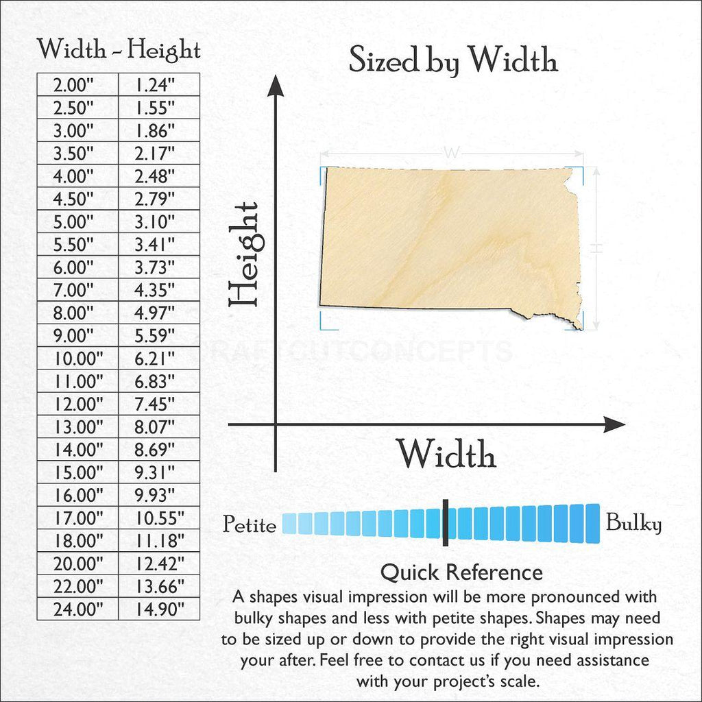 Sizes available for a laser cut State - South Dakota craft blank