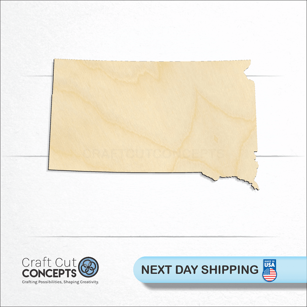 Craft Cut Concepts logo and next day shipping banner with an unfinished wood State - South Dakota craft shape and blank