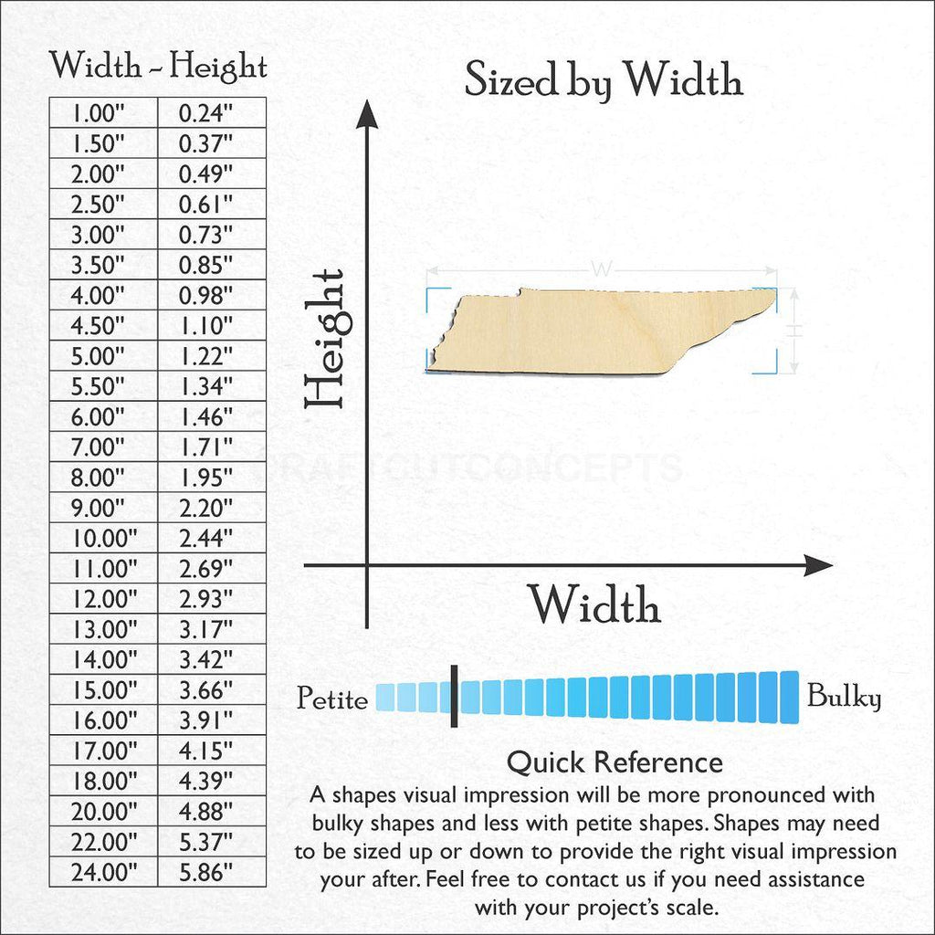 Sizes available for a laser cut State - Tennessee CRAFTY craft blank