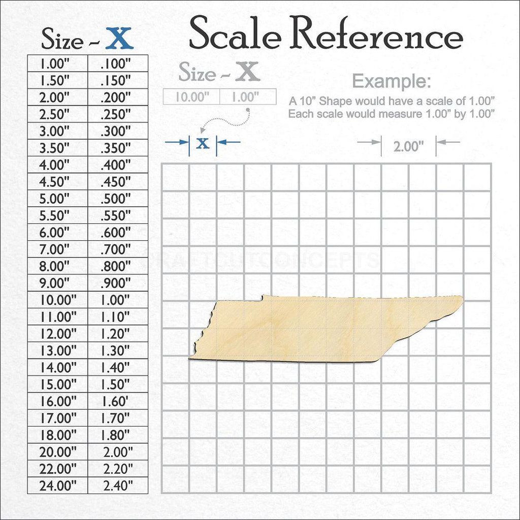 A scale and graph image showing a wood State - Tennessee CRAFTY craft blank