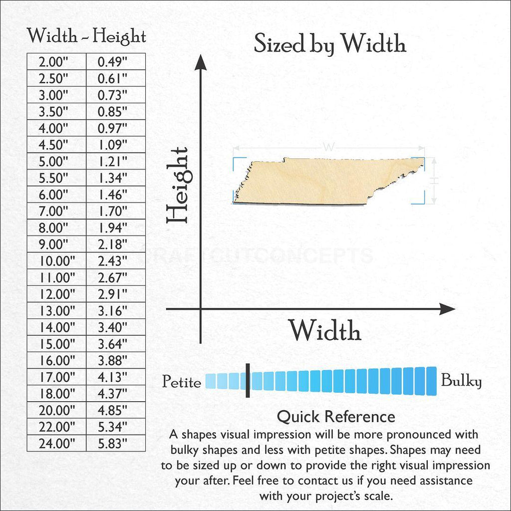 Sizes available for a laser cut State - Tennessee craft blank
