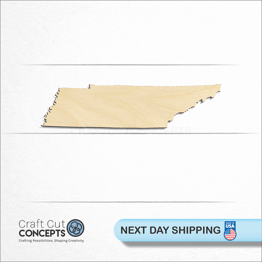 Craft Cut Concepts logo and next day shipping banner with an unfinished wood State - Tennessee craft shape and blank