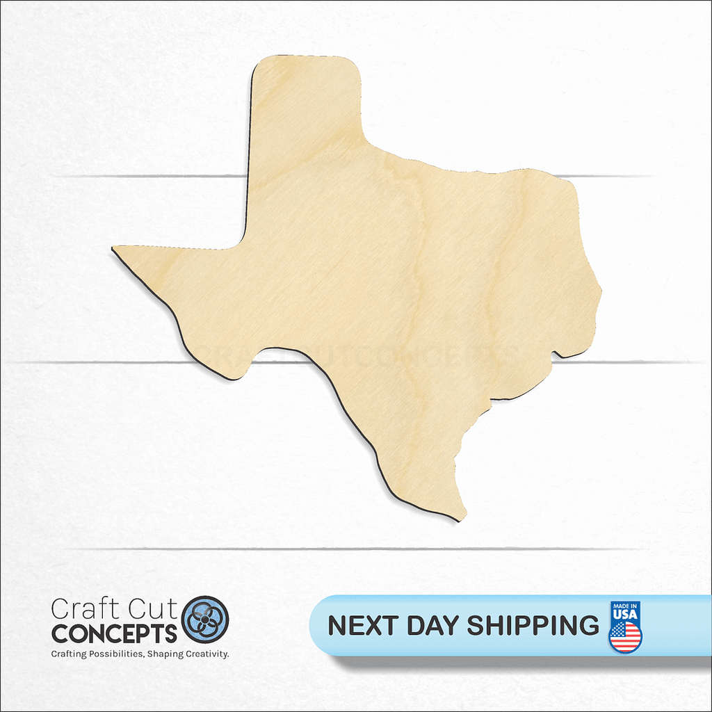 Craft Cut Concepts logo and next day shipping banner with an unfinished wood State - Texas CRAFTY craft shape and blank