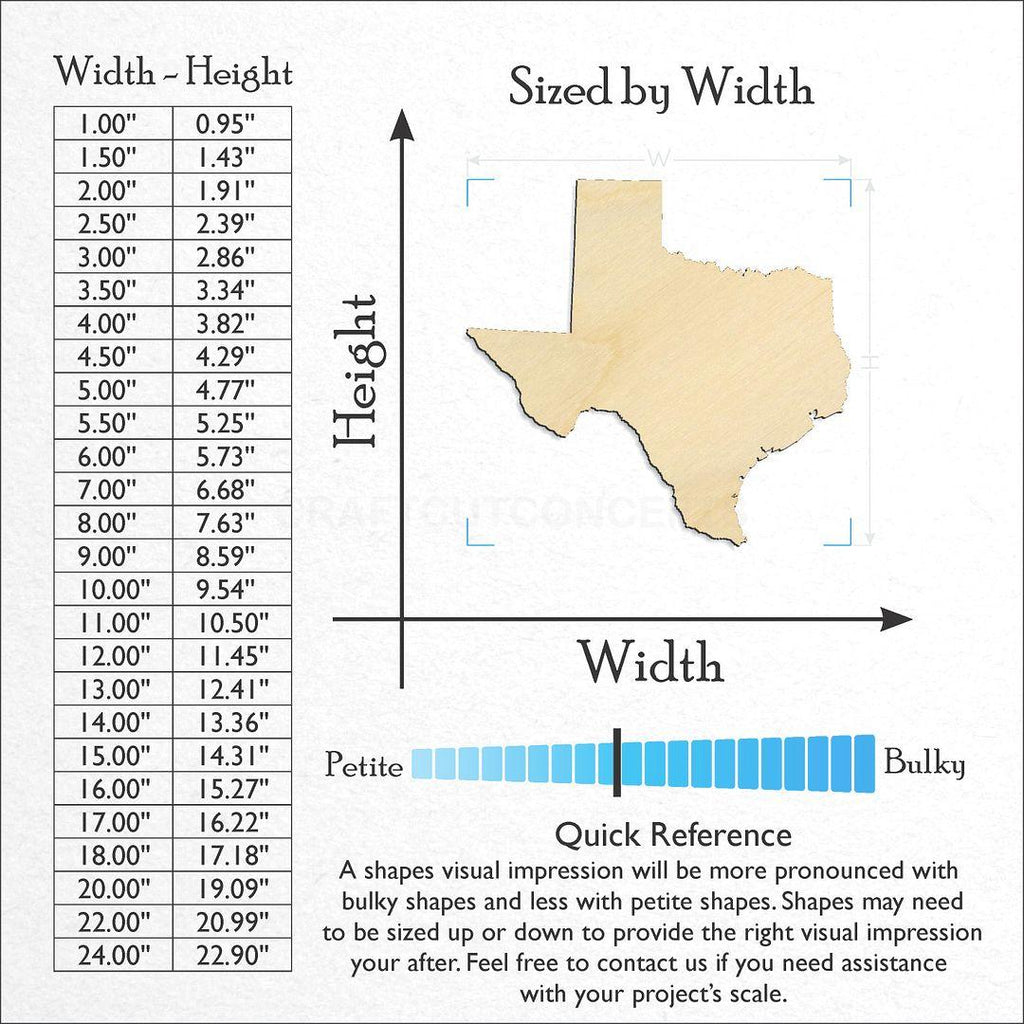 Sizes available for a laser cut State - Texas craft blank