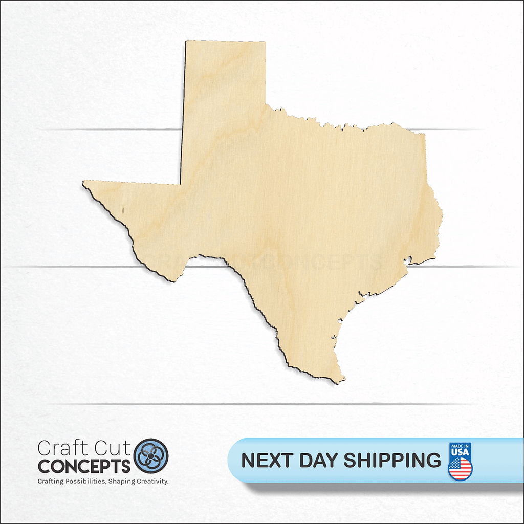 Craft Cut Concepts logo and next day shipping banner with an unfinished wood State - Texas craft shape and blank