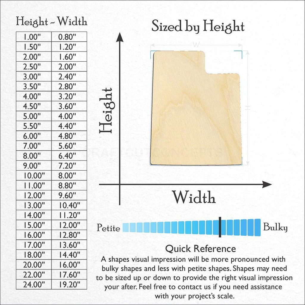 Sizes available for a laser cut State - Utah CRAFTY craft blank