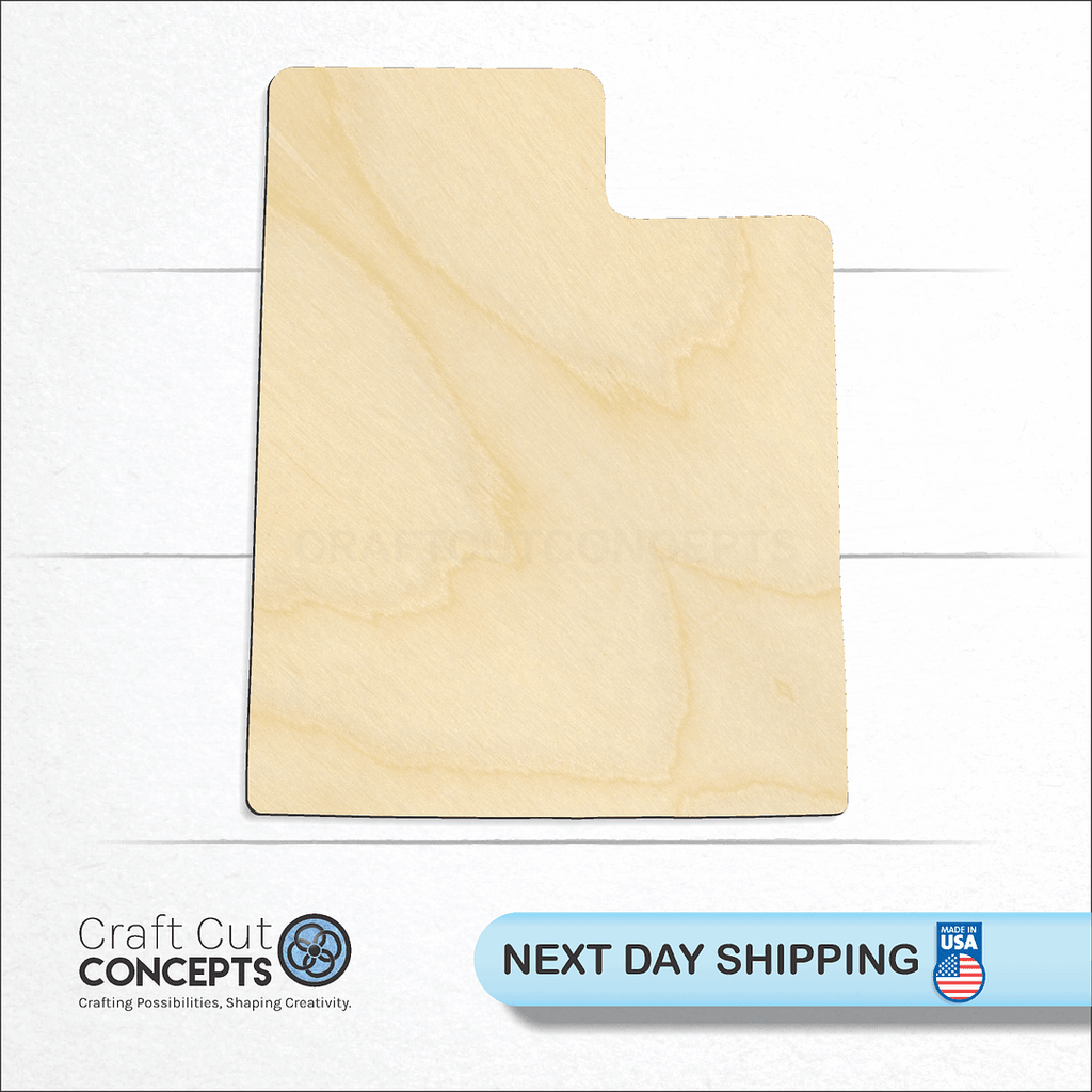 Craft Cut Concepts logo and next day shipping banner with an unfinished wood State - Utah CRAFTY craft shape and blank