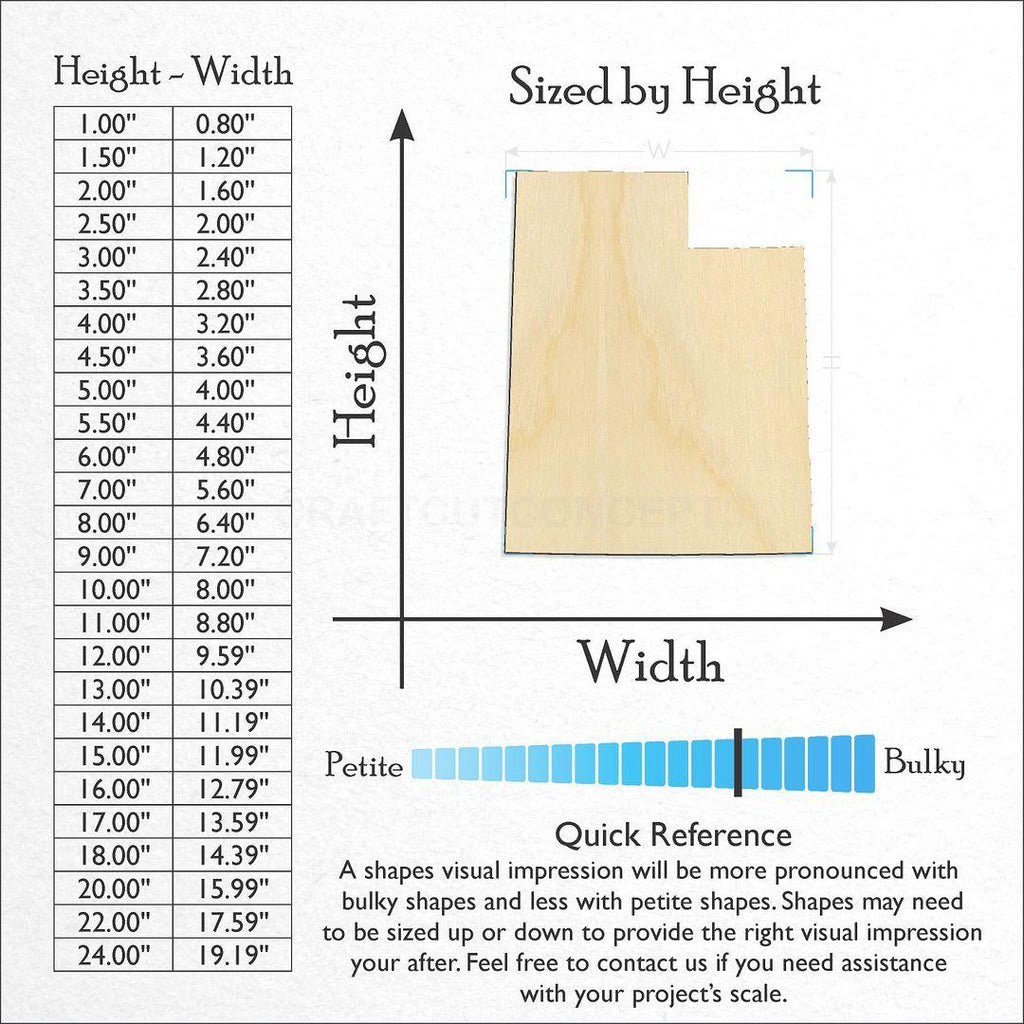 Sizes available for a laser cut State - Utah craft blank