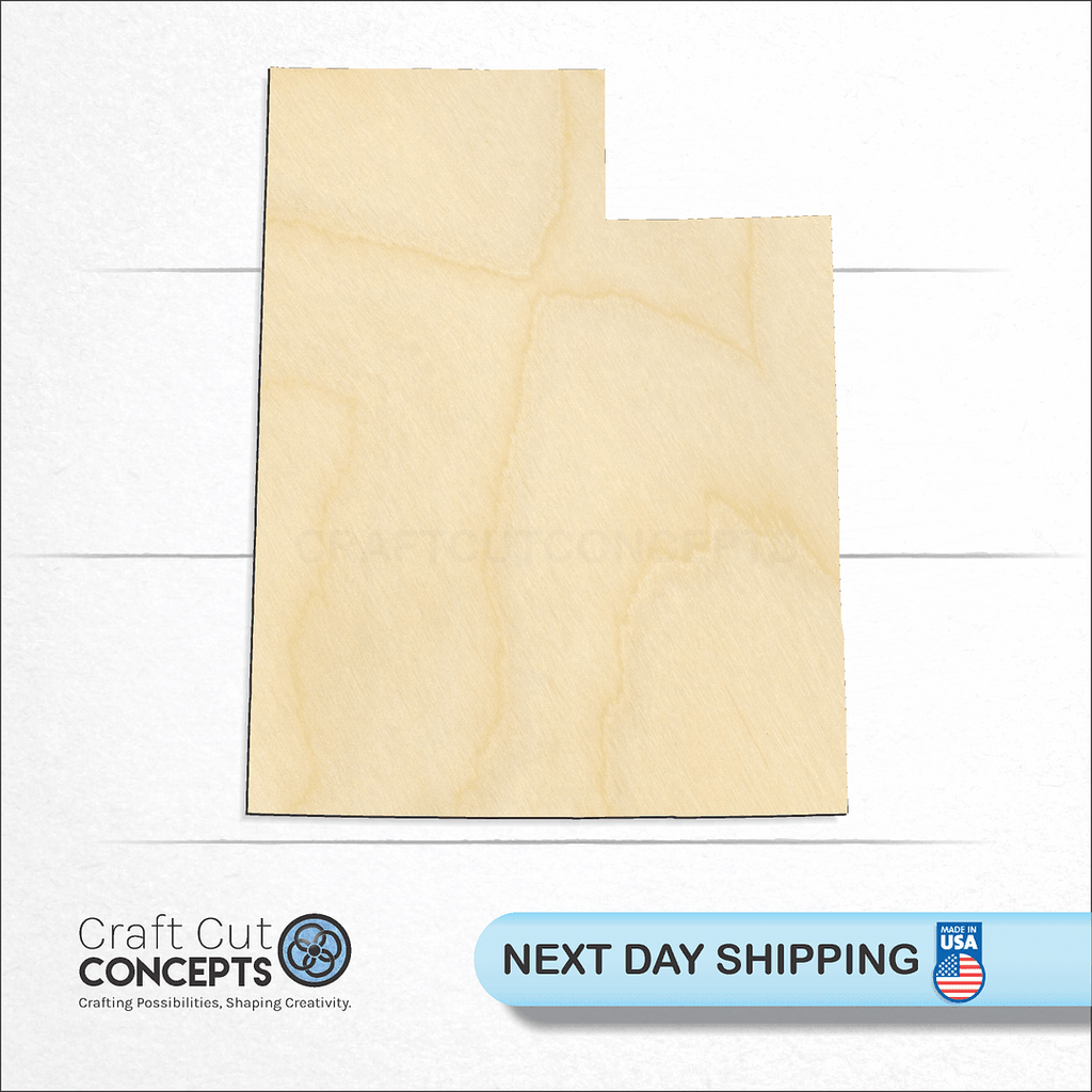 Craft Cut Concepts logo and next day shipping banner with an unfinished wood State - Utah craft shape and blank