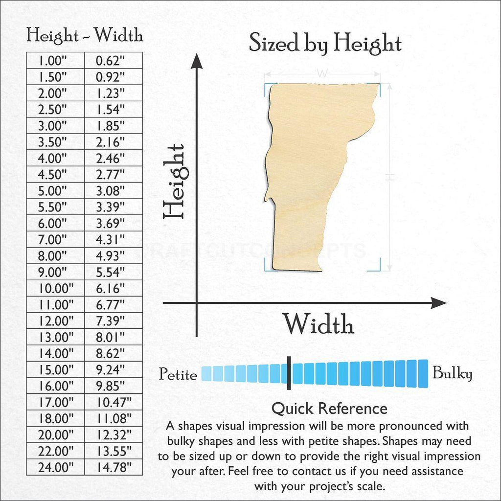 Sizes available for a laser cut State - Vermont CRAFTY craft blank